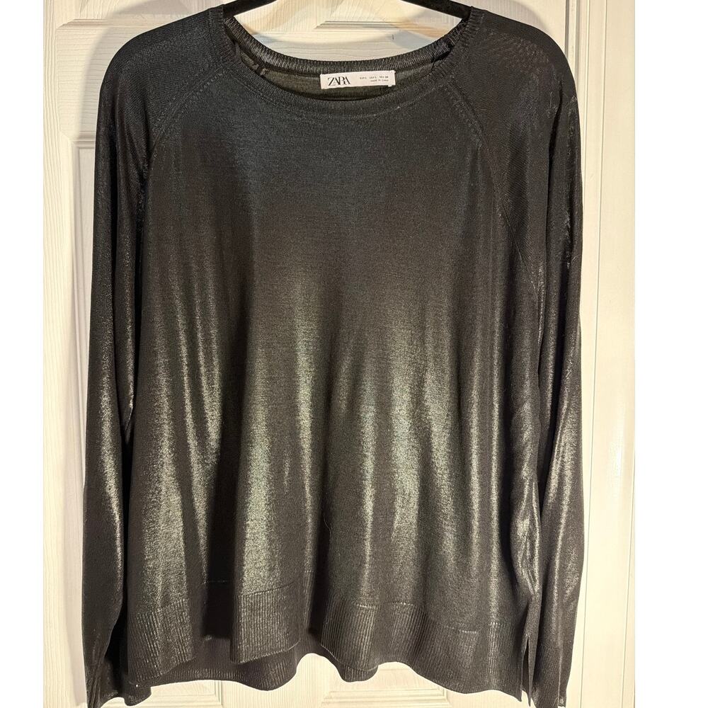 Zara Black Metallic Foil Knit Sweater Shimmer Raglan Crewneck Size L